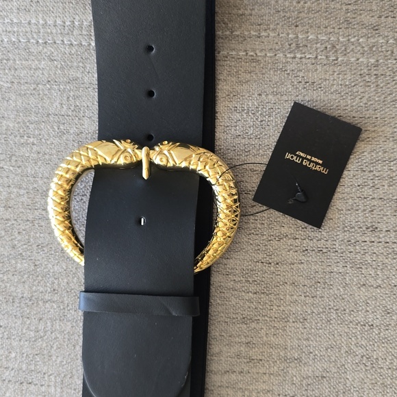 Martina Mori OS Stretch Black Genuine Leather Belt, Lunar New Year Snake Buckle - Picture 2 of 8